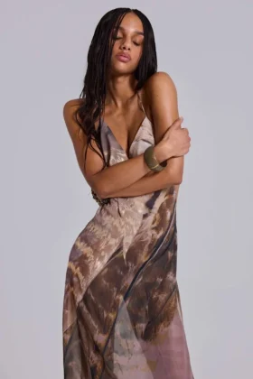 Alameda Metallic Cowl Backless Chiffon Maxi Dress