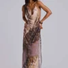 Alameda Metallic Cowl Backless Chiffon Maxi Dress