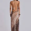 Alameda Metallic Cowl Backless Chiffon Maxi Dress