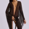 Aria Mesh Plunge Mini Dress in Brown