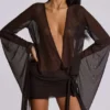 Aria Mesh Plunge Mini Dress in Brown