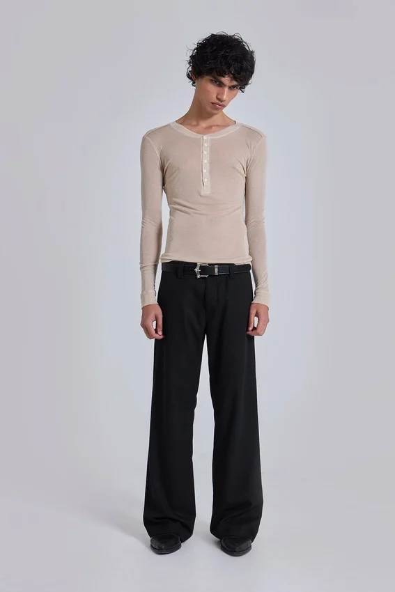 Black Pinstripe Stacked Straight Suit Pants