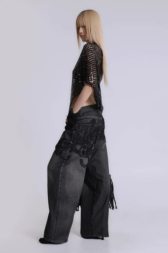 Black Raised Embroidery XL Colossus Jeans