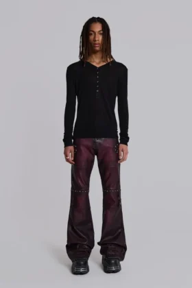 Burgundy Studded Faux Leather Drift Bootcut Trousers