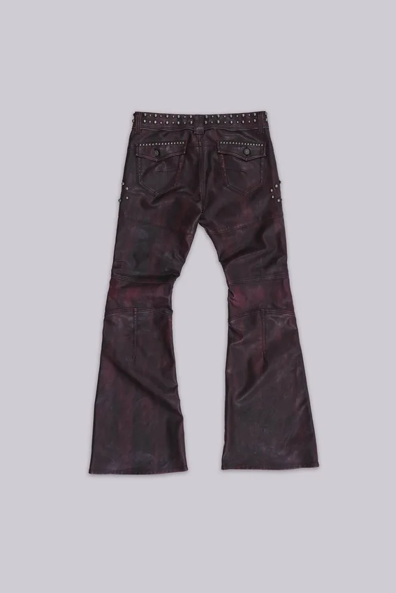 Burgundy Studded Faux Leather Drift Bootcut Trousers