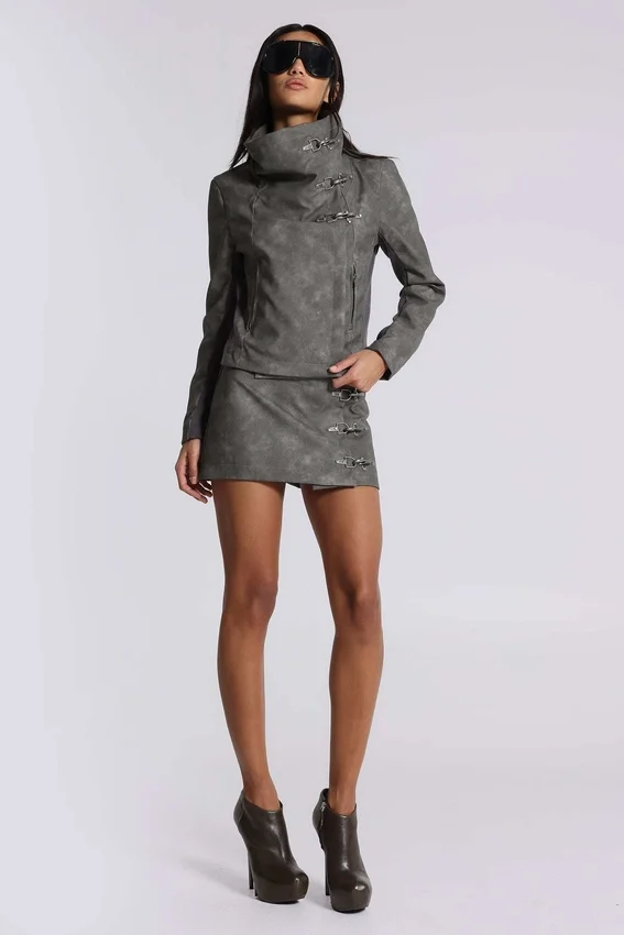 Cera Clasp PU Leather Funnel Jacket