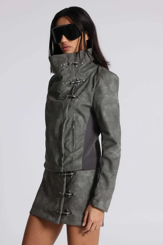Cera Clasp PU Leather Funnel Jacket