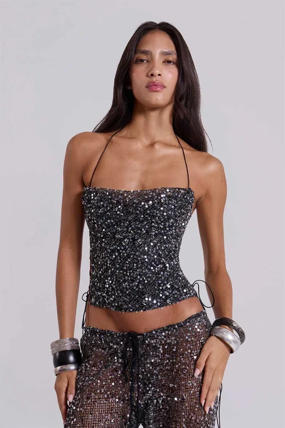 Deva Sequin Knit Corset Top in Midnight