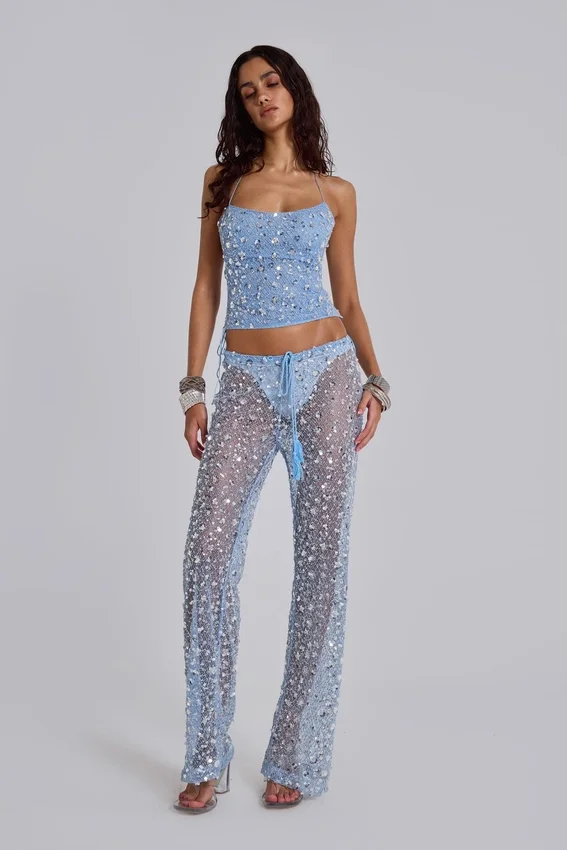 Deva Sequin Knit Trousers in Sky