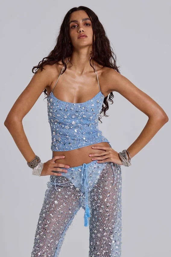 Deva Sequin Knit Corset Top in Sky
