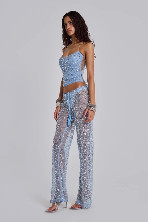 Deva Sequin Knit Corset Top in Sky