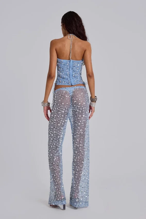 Deva Sequin Knit Trousers in Sky