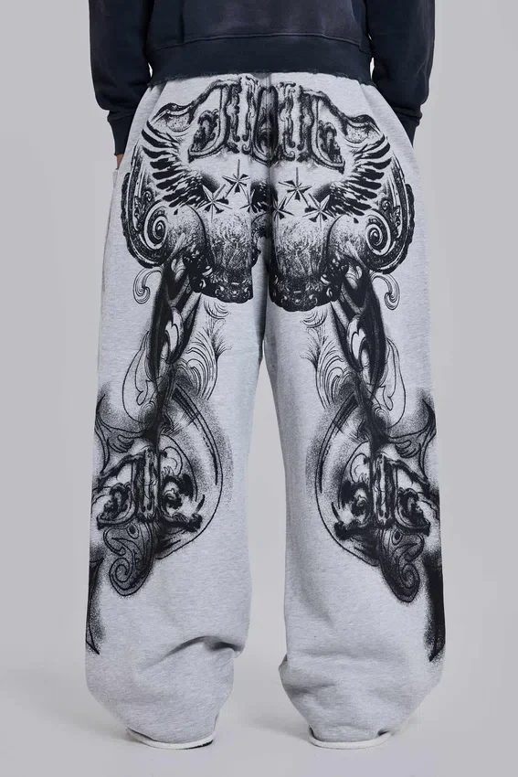 Grey Marl Gothic Print Baggy Monster Joggers