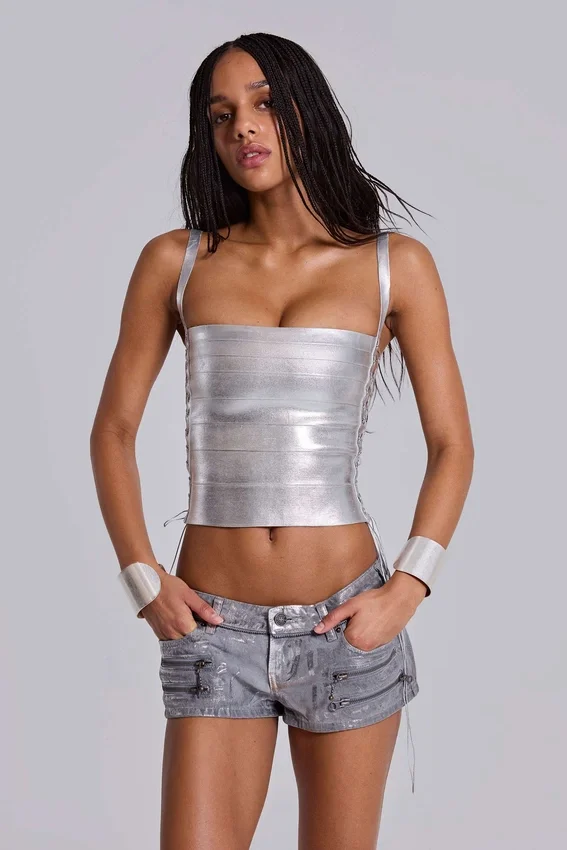 Idol Metallic Bandage Corset Top in Silver