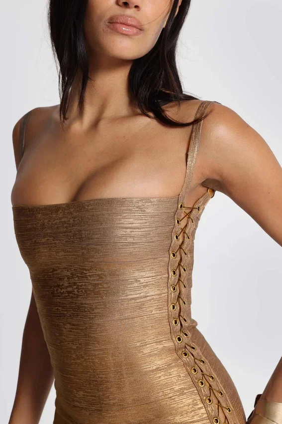 Idol Metallic Bandage Mini Dress in Bronze