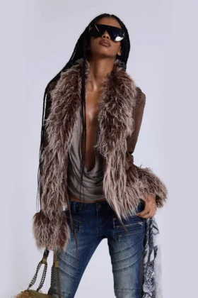 Leonie Faux Mongolian Fur Trim Coat in Brown
