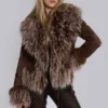 Leonie Faux Mongolian Fur Trim Coat in Brown