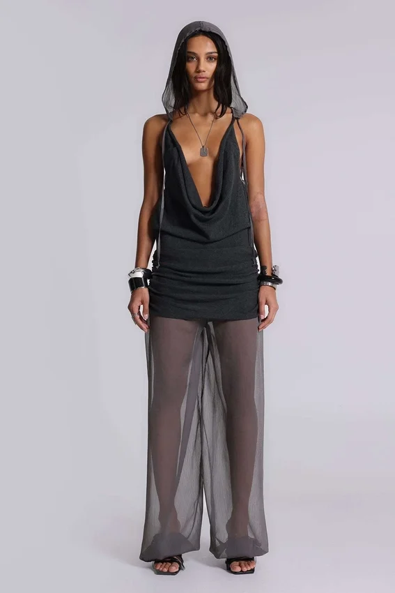 Lurien Backless Hooded Chiffon Knit Top