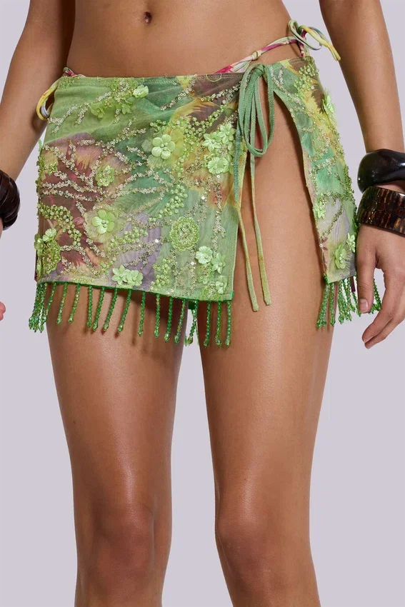 Melona Embellished Wrap Mini Skirt in Lime