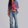 Mid Blue Distressed Creased Drift Flared Jeans