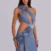 Noctelle Cut Out Maxi Dress with Feathers