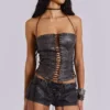 Odile Black Faux Leather Lace Up Corset