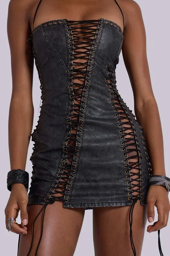 Odile Black Faux Leather Lace Up Mini Dress