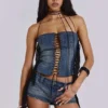 Odile Denim Fringe Lace Up Corset