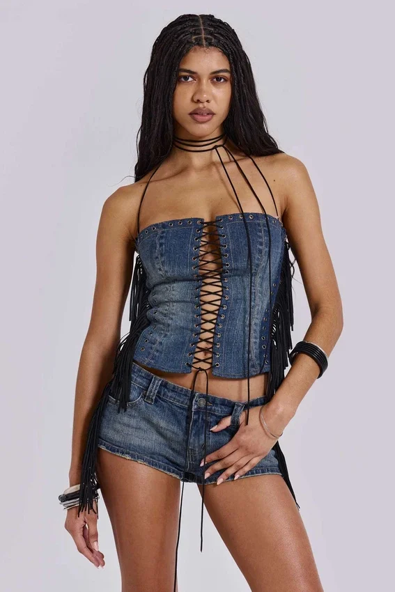 Odile Denim Fringe Lace Up Corset