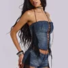 Odile Denim Fringe Lace Up Corset