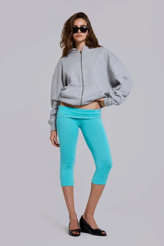 Quinn Studded Jersey Capri in Turquoise