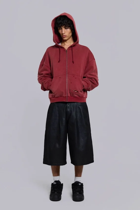 Red Sun Faded Waffle Lined Zip Hoodie