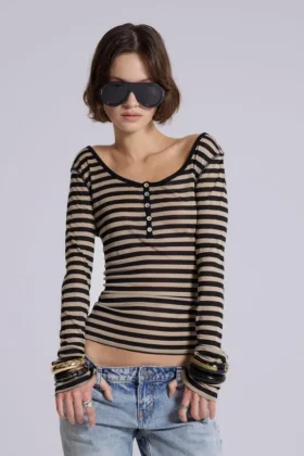 Sheer Henley Top In Stripe