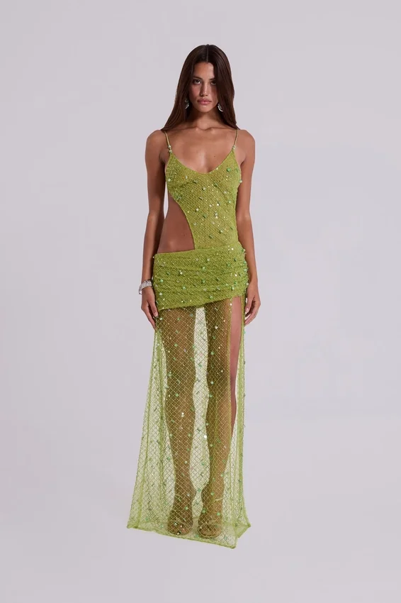 Stellar Asymmetric Hand Beaded Maxi Dress in Lime