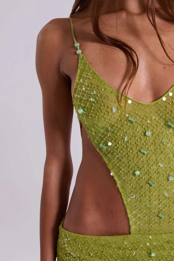 Stellar Asymmetric Hand Beaded Maxi Dress in Lime