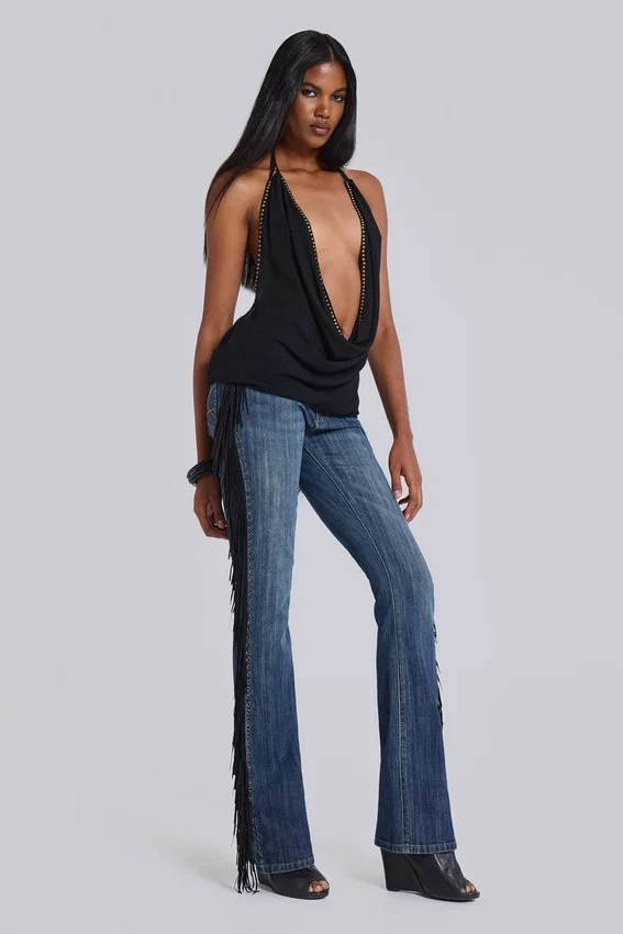 Tatiana Backless Studded Top in Black