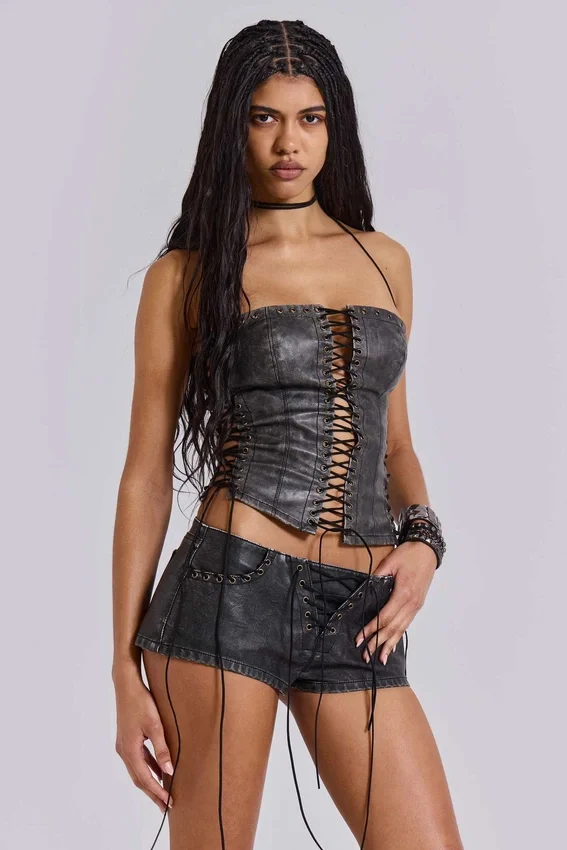 Odile Black Faux Leather Lace Up Corset