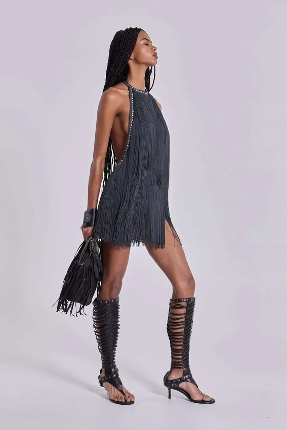 Vadra Backless Fringe Mini Dress